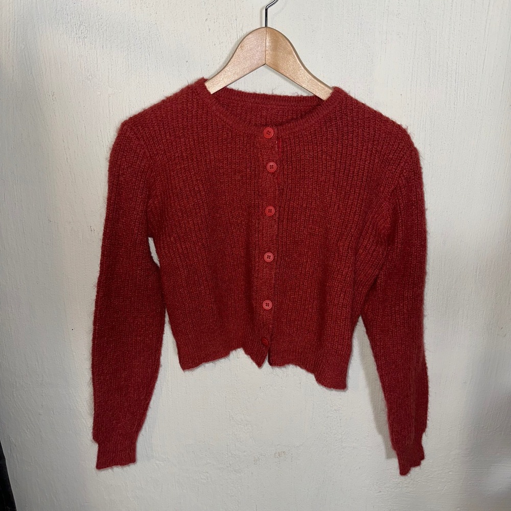 CIDER Red Button Front Cottagecore Cropped Knit Sweater Womens Size S